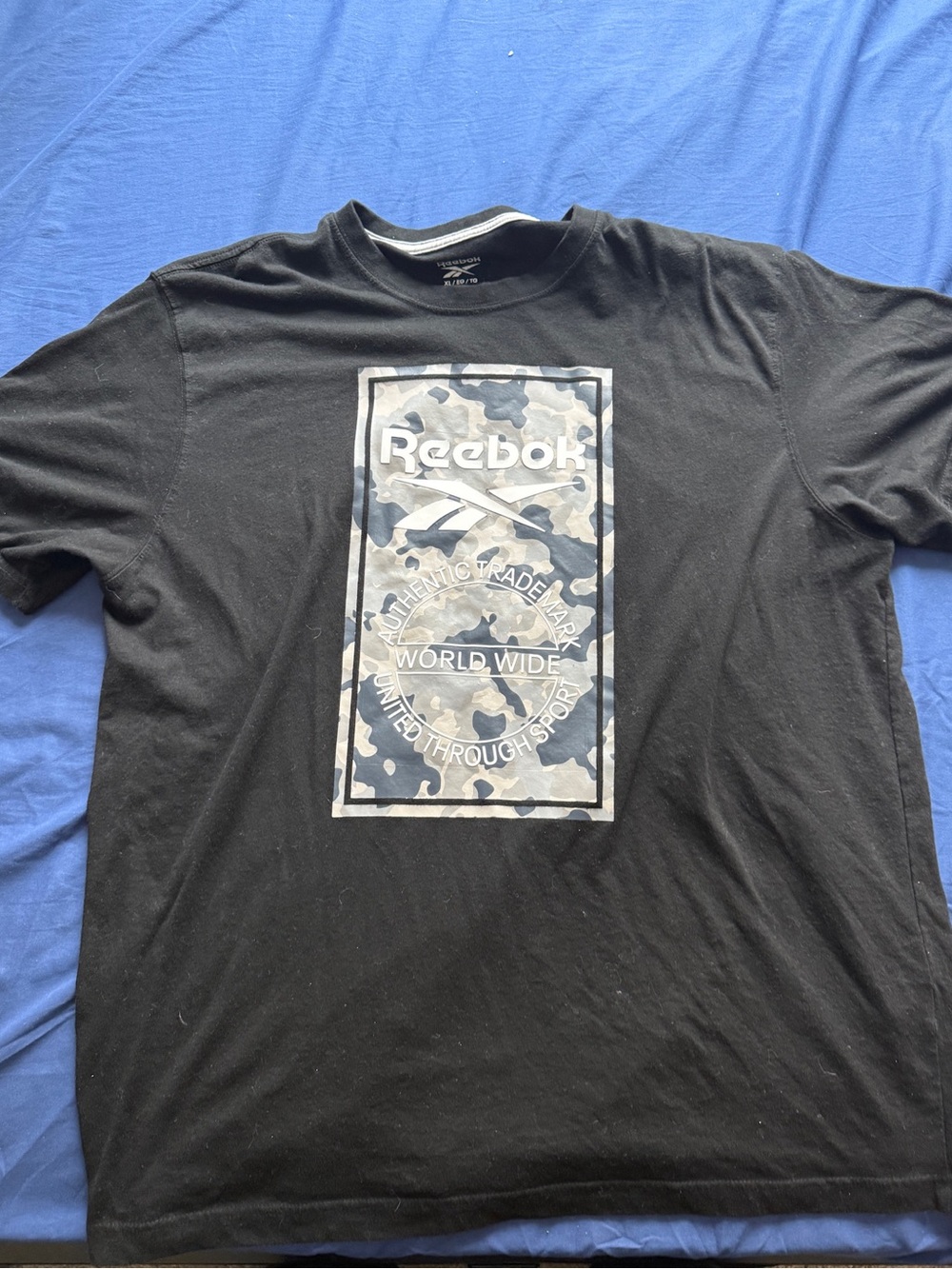 Reebok Men’s Black T-Shirt with Gray Camo Logo Panel
